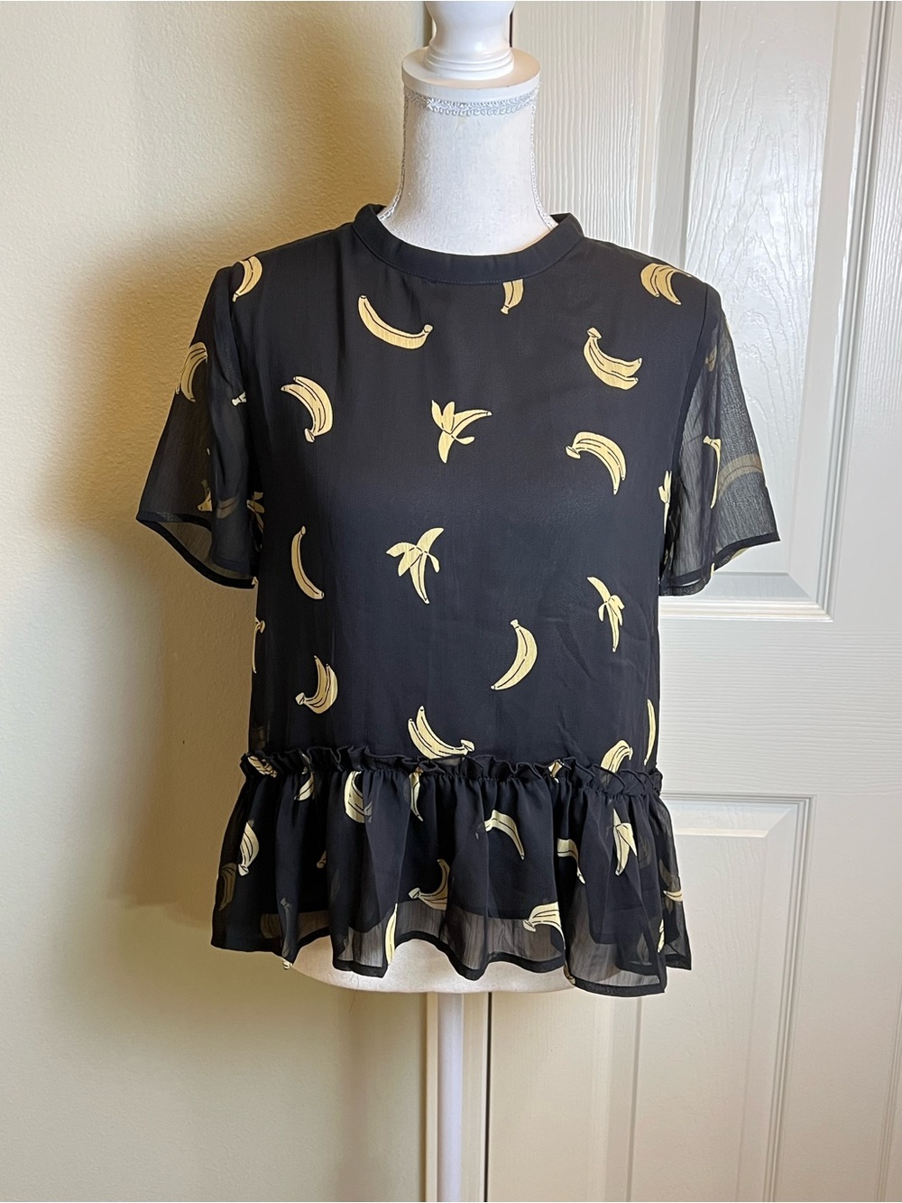 English Factory Banana Print Ruffle Hem Top